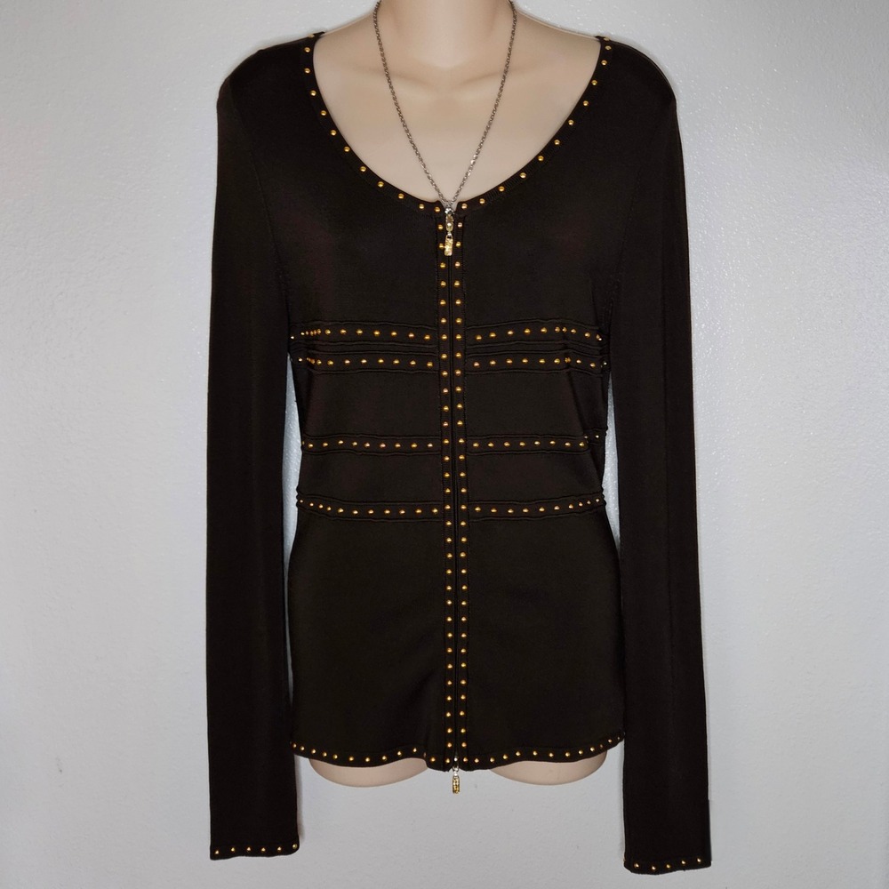 Cache Studded Zip Front Long Sleeve Top